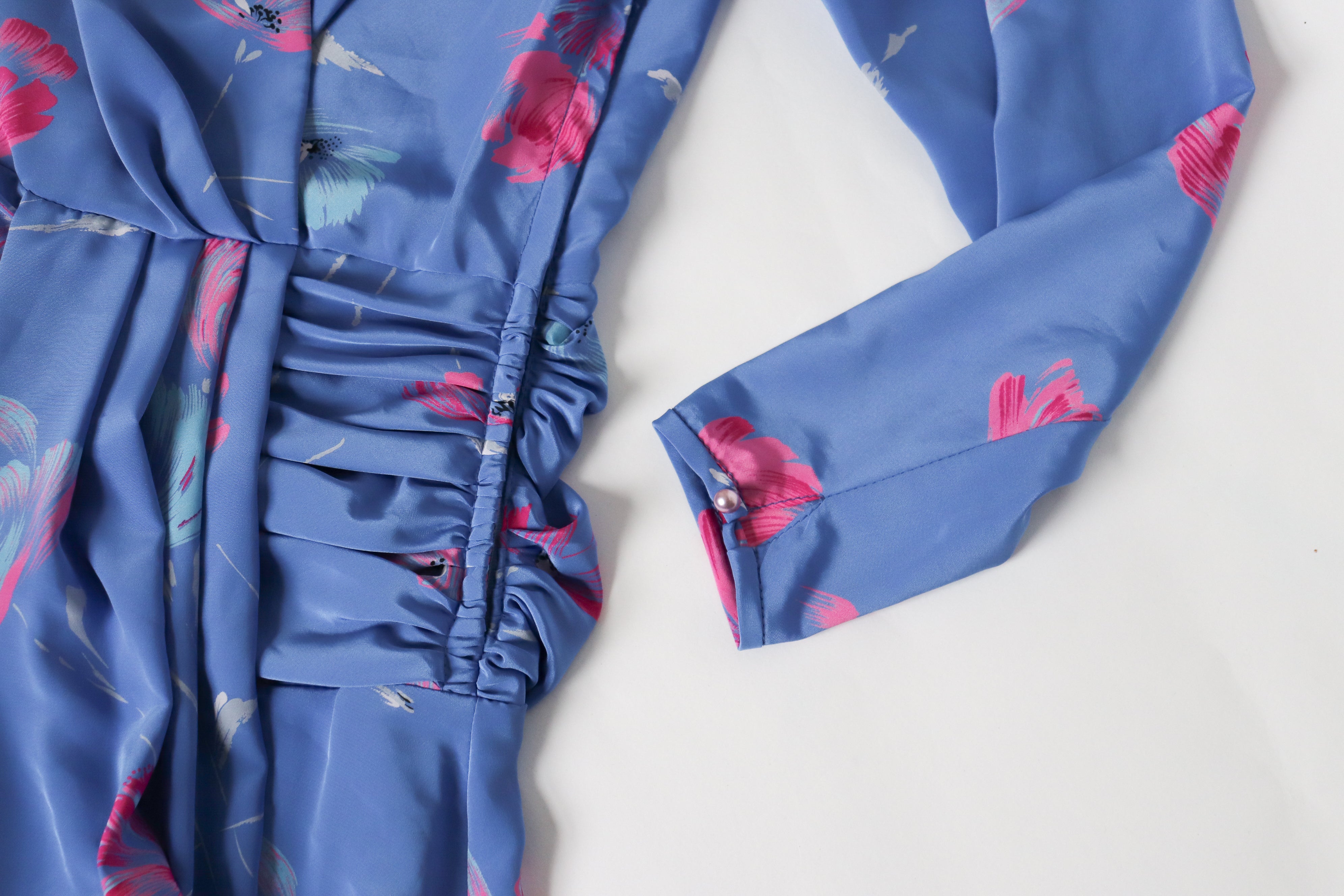 Wrap Effect Dress - Vintage 1980s - Blue / Pink Floral - M / UK 12