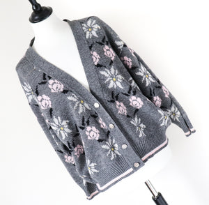 Vintage Cardigan - Grey / Pink Floral - Acrylic - Oversized M / L - UK 12 / 14