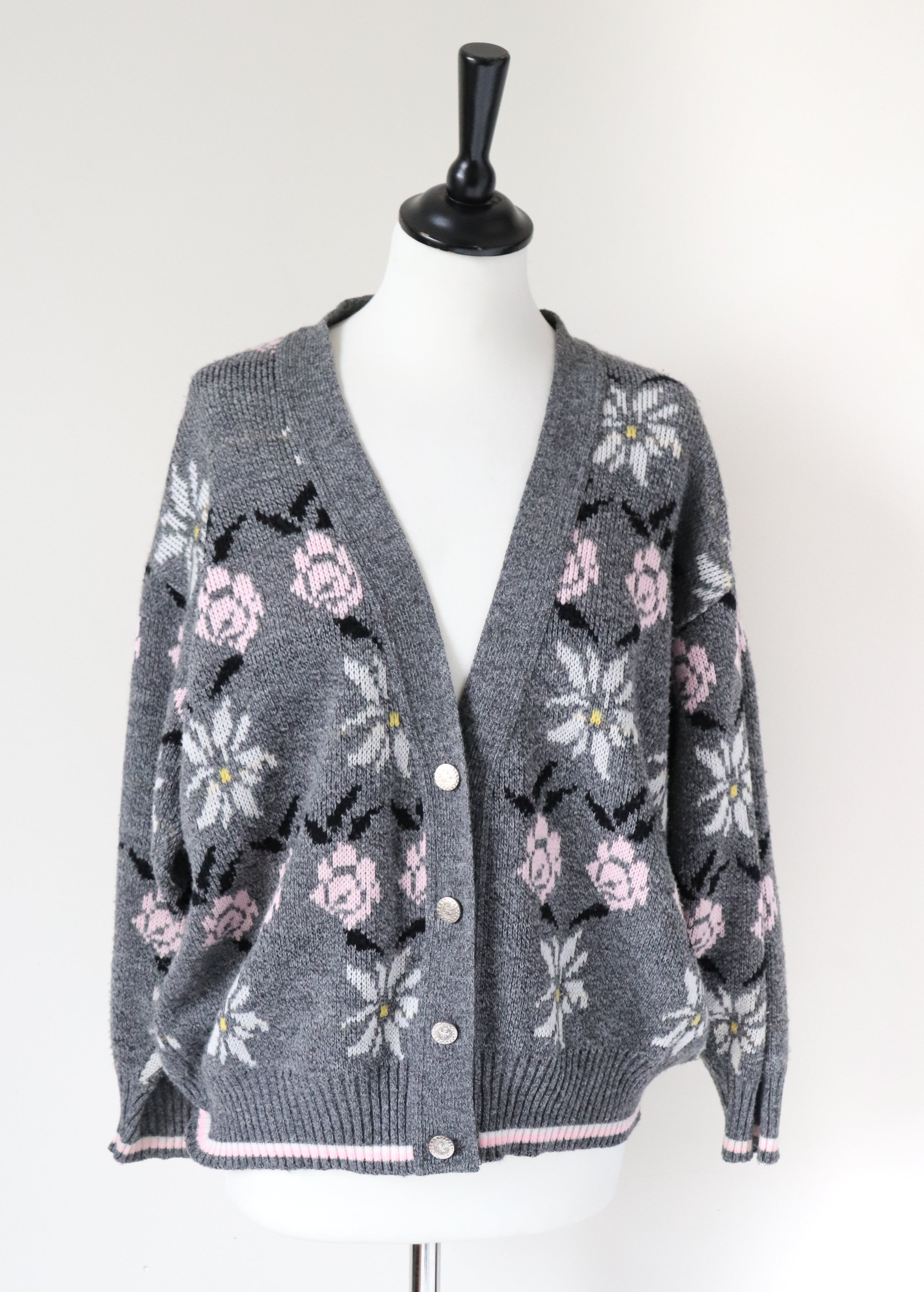 Vintage Cardigan - Grey / Pink Floral - Acrylic - Oversized M / L - UK 12 / 14
