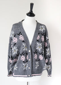 Vintage Cardigan - Grey / Pink Floral  - Acrylic - Oversized M / L -  UK 12 / 14
