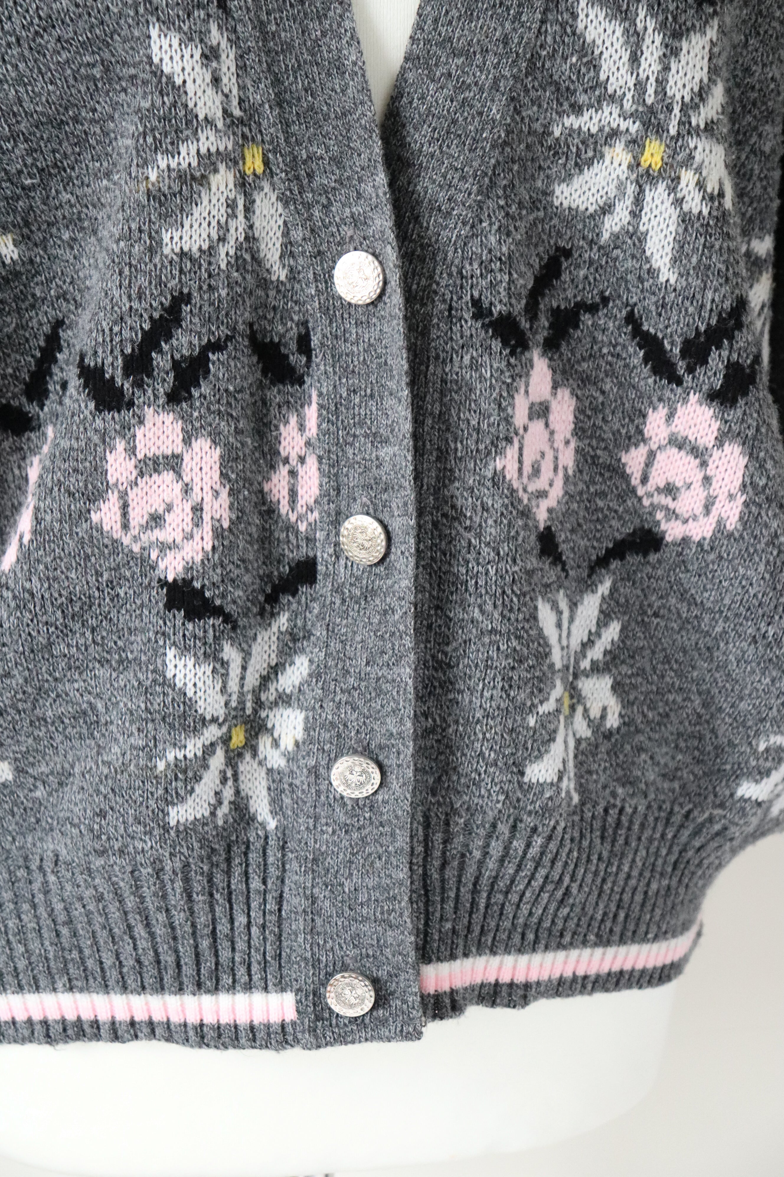 Vintage Cardigan - Grey / Pink Floral  - Acrylic - Oversized M / L -  UK 12 / 14