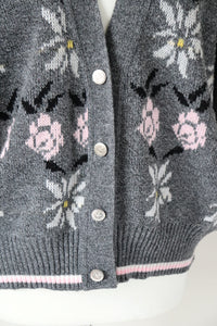 Vintage Cardigan - Grey / Pink Floral - Acrylic - Oversized M / L - UK 12 / 14