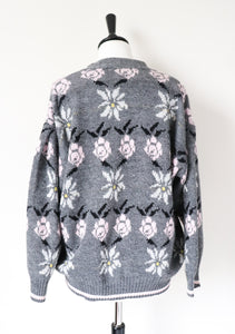 Vintage Cardigan - Grey / Pink Floral  - Acrylic - Oversized M / L -  UK 12 / 14