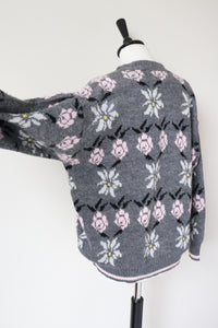 Vintage Cardigan - Grey / Pink Floral - Acrylic - Oversized M / L - UK 12 / 14