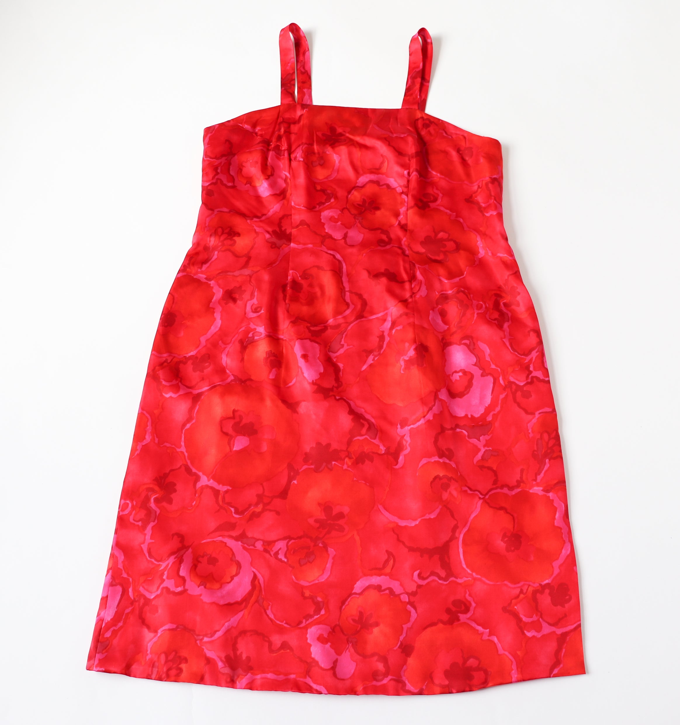 1960s Hand Made Cocktail Dress - Red Floral - Acetate - Strappy - M / L - UK 12 / 14