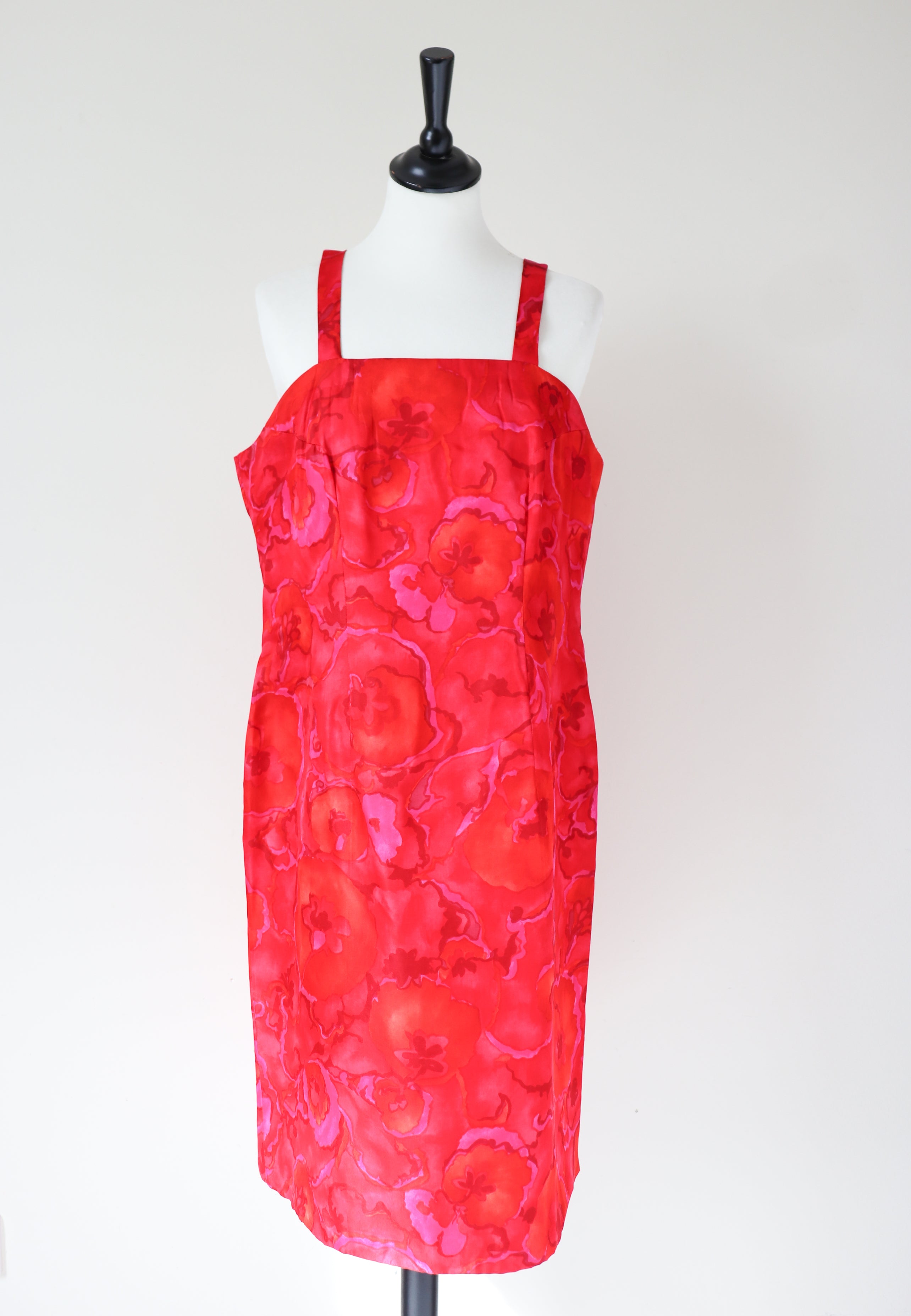 1960s Hand Made Cocktail Dress - Red Floral - Acetate - Strappy - M / L - UK 12 / 14