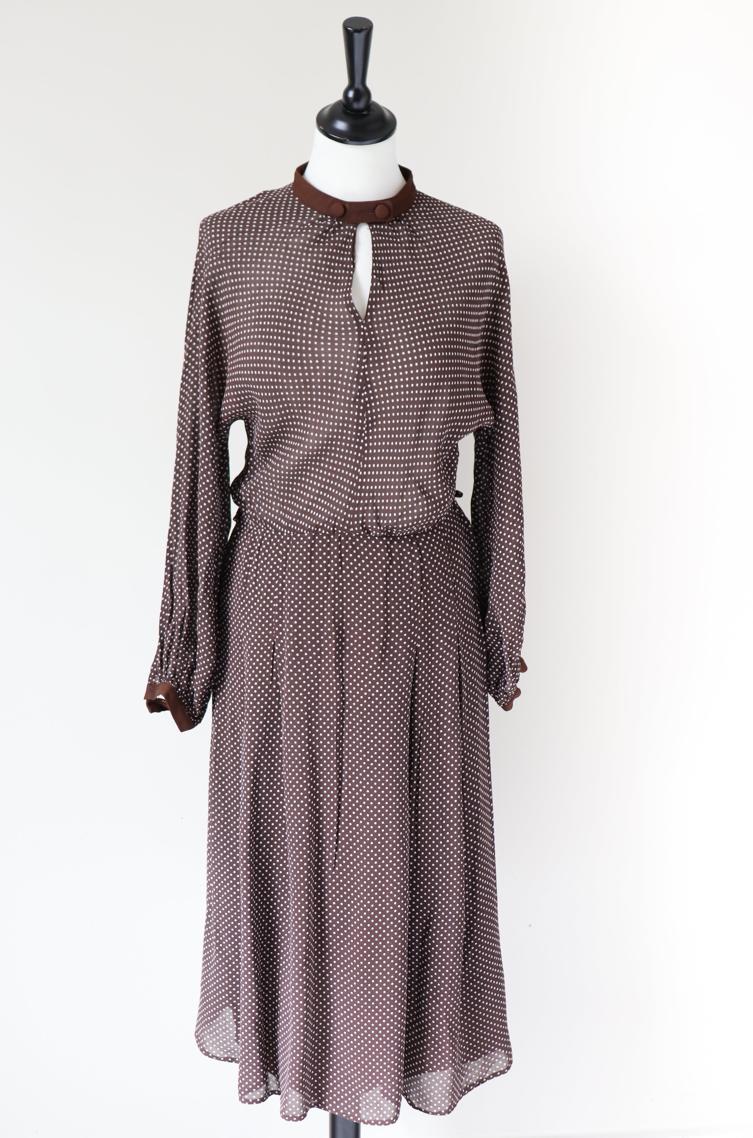 Brown Spotted 1990s Dress - 1940s Style - Long Sleeves - Polyester Chiffon - S / M - UK 10 / 12