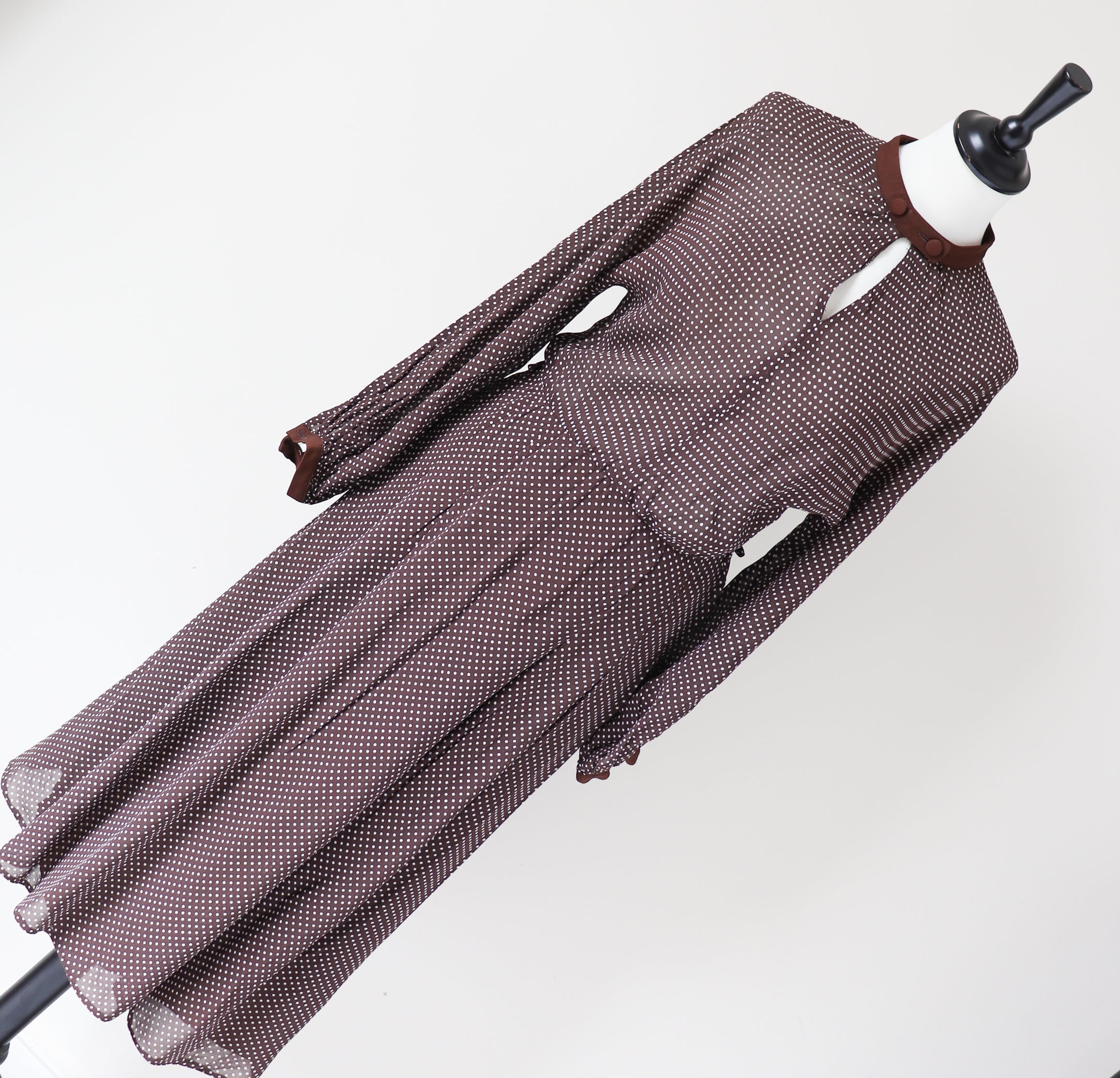 Brown Spotted 1990s Dress - 1940s Style - Long Sleeves - Polyester Chiffon - S / M - UK 10 / 12