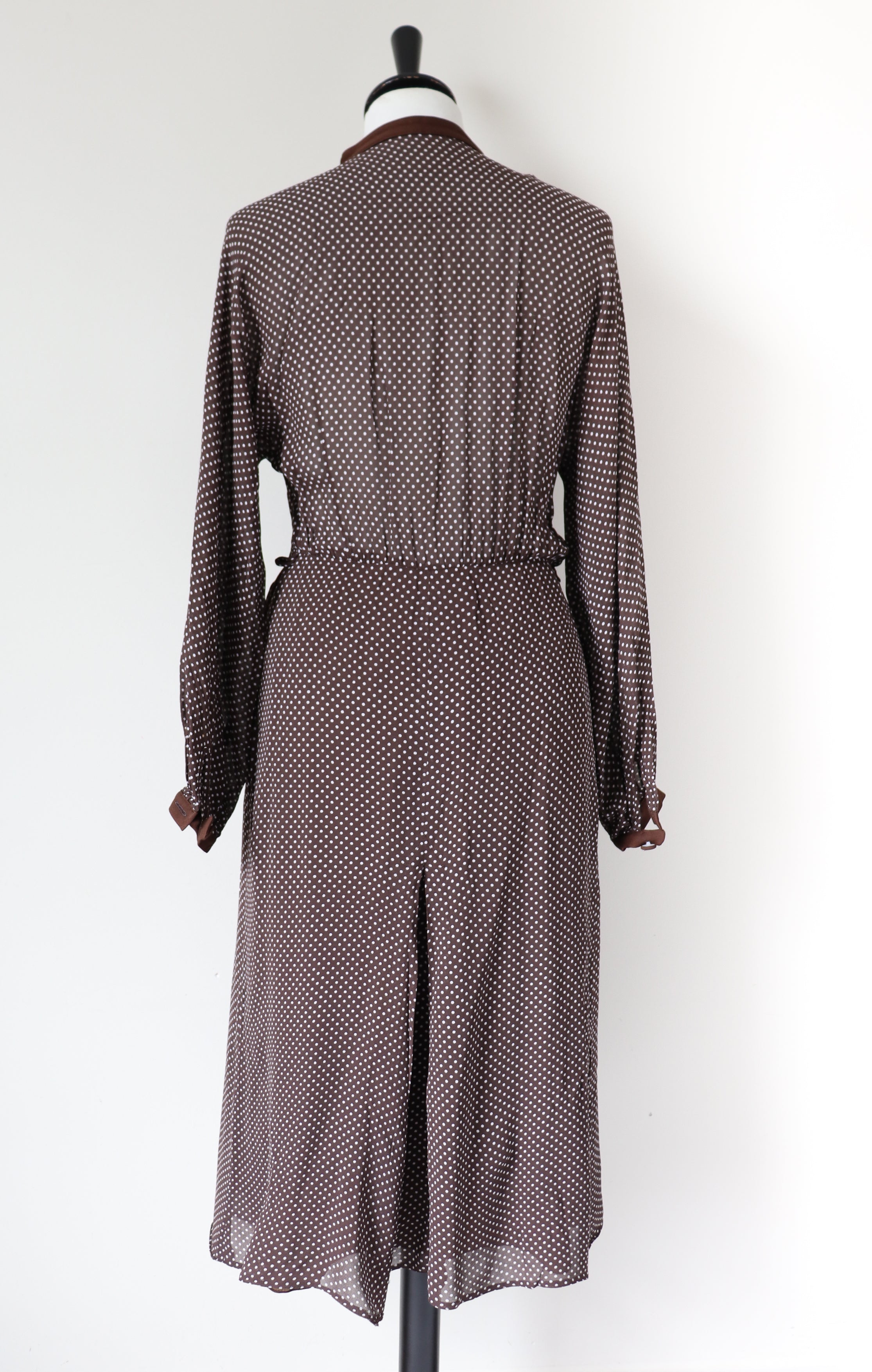 Brown Spotted 1990s Dress - 1940s Style - Long Sleeves - Polyester Chiffon - S / M - UK 10 / 12