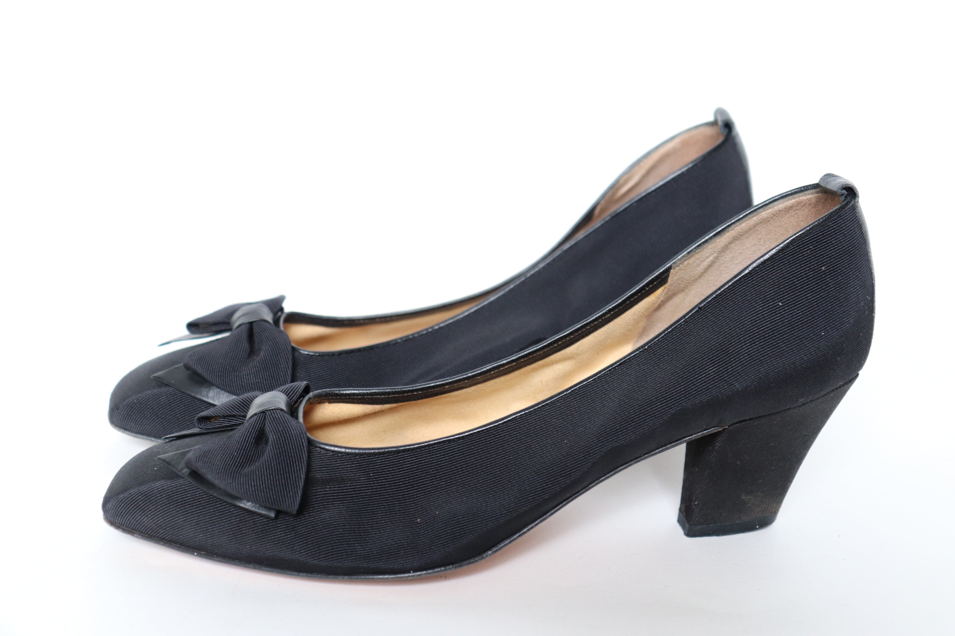 Bow Pumps / Shoes - 1980s Grosgrain / Leather - Charles Kammer - UK 5.5 / 38.5