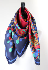 Baroque Vintage Silk Scarf - Burgundy Red / Blue - LARGE