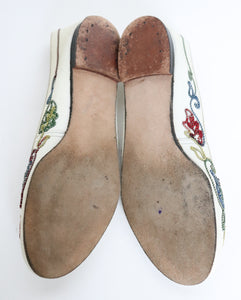 Ballet Pumps - Embroidered Cream Leather - Illing - UK 4 / 4.5