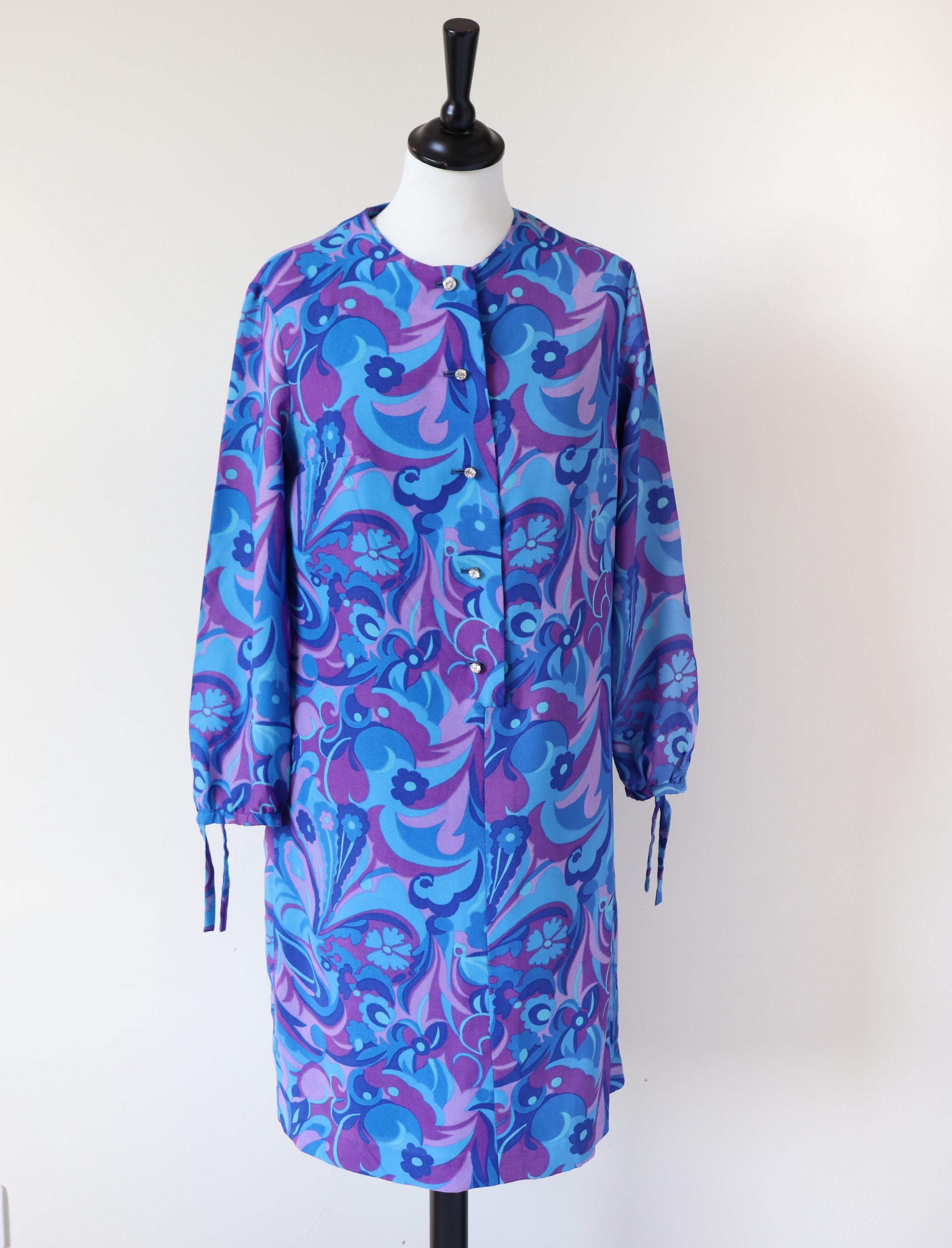 1970s Psychedelic Dress - Long Sleeves - Purple / Blue - S / UK 10