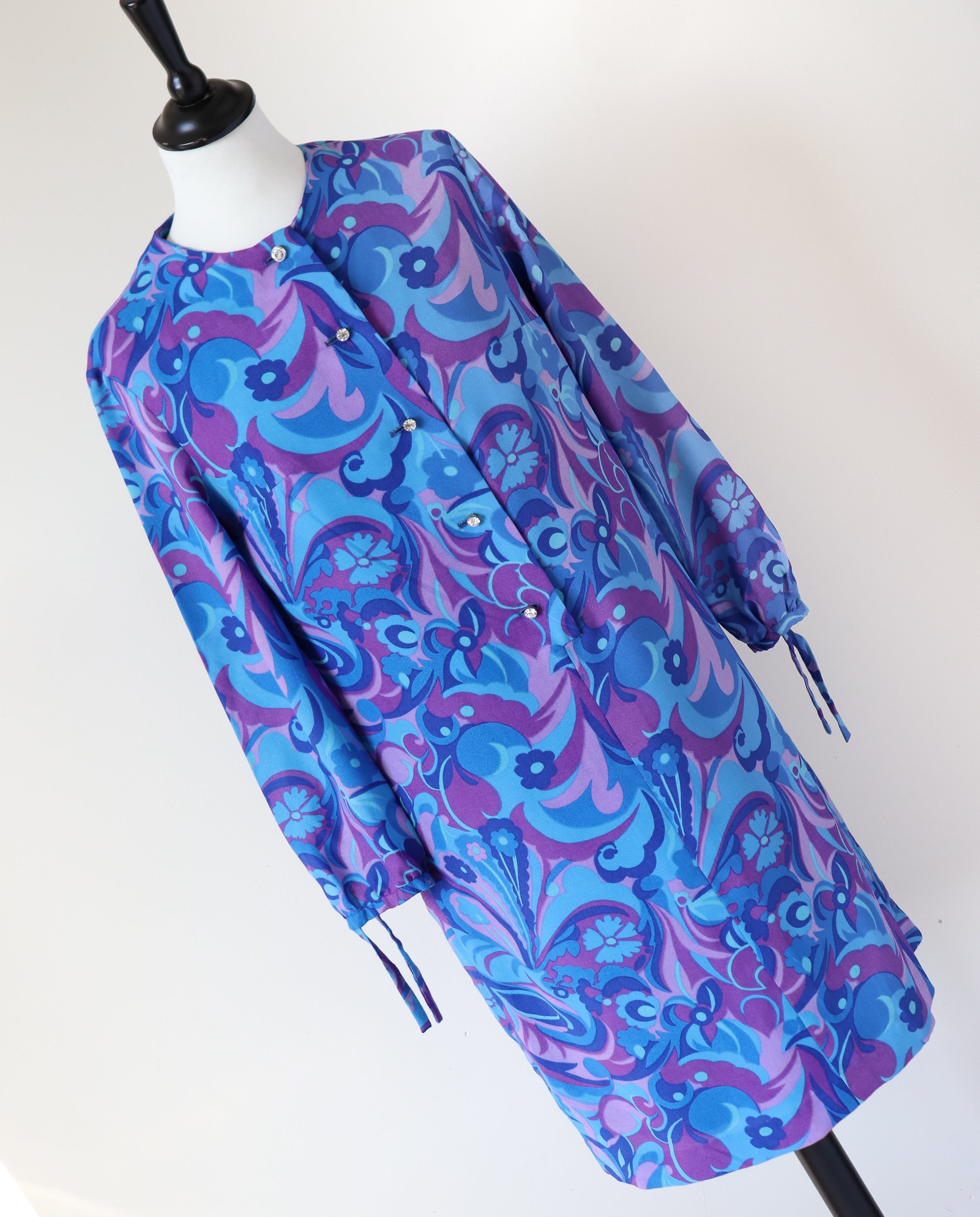 1970s Psychedelic Dress - Long Sleeves - Purple / Blue - S / UK 10