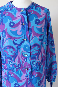 1970s Psychedelic Dress - Long Sleeves - Purple / Blue - S / UK 10