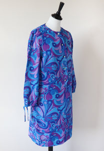1970s Psychedelic Dress - Long Sleeves - Purple / Blue - S / UK 10