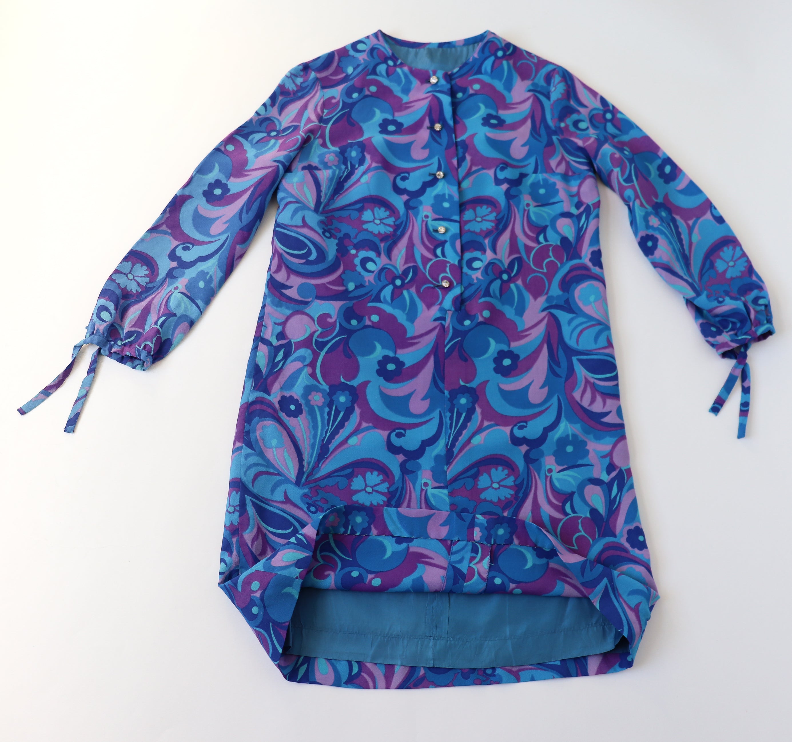 1970s Psychedelic Dress - Long Sleeves - Purple / Blue - S / UK 10