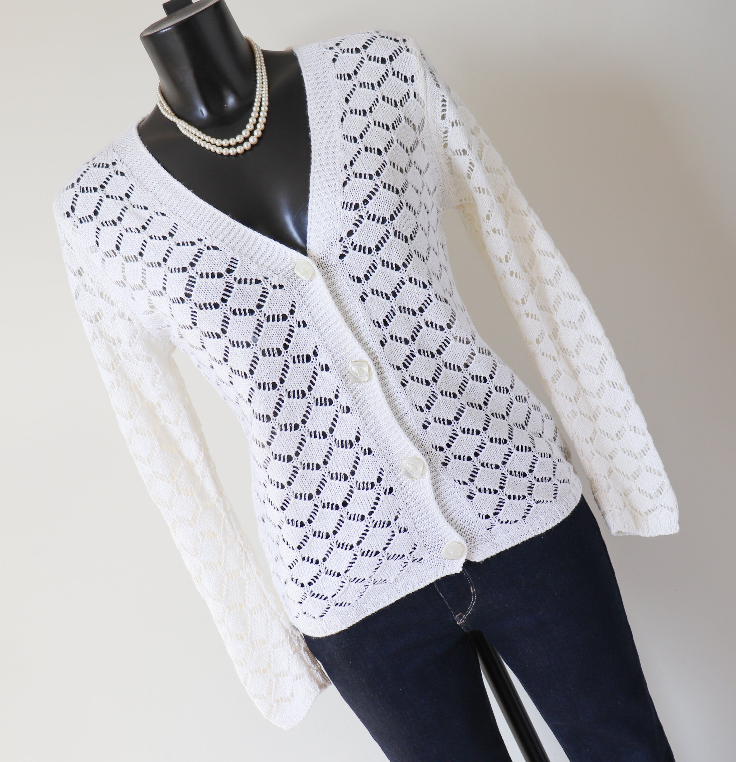 Cream Lace Knit Cardigan - Acrylic - S / UK 10