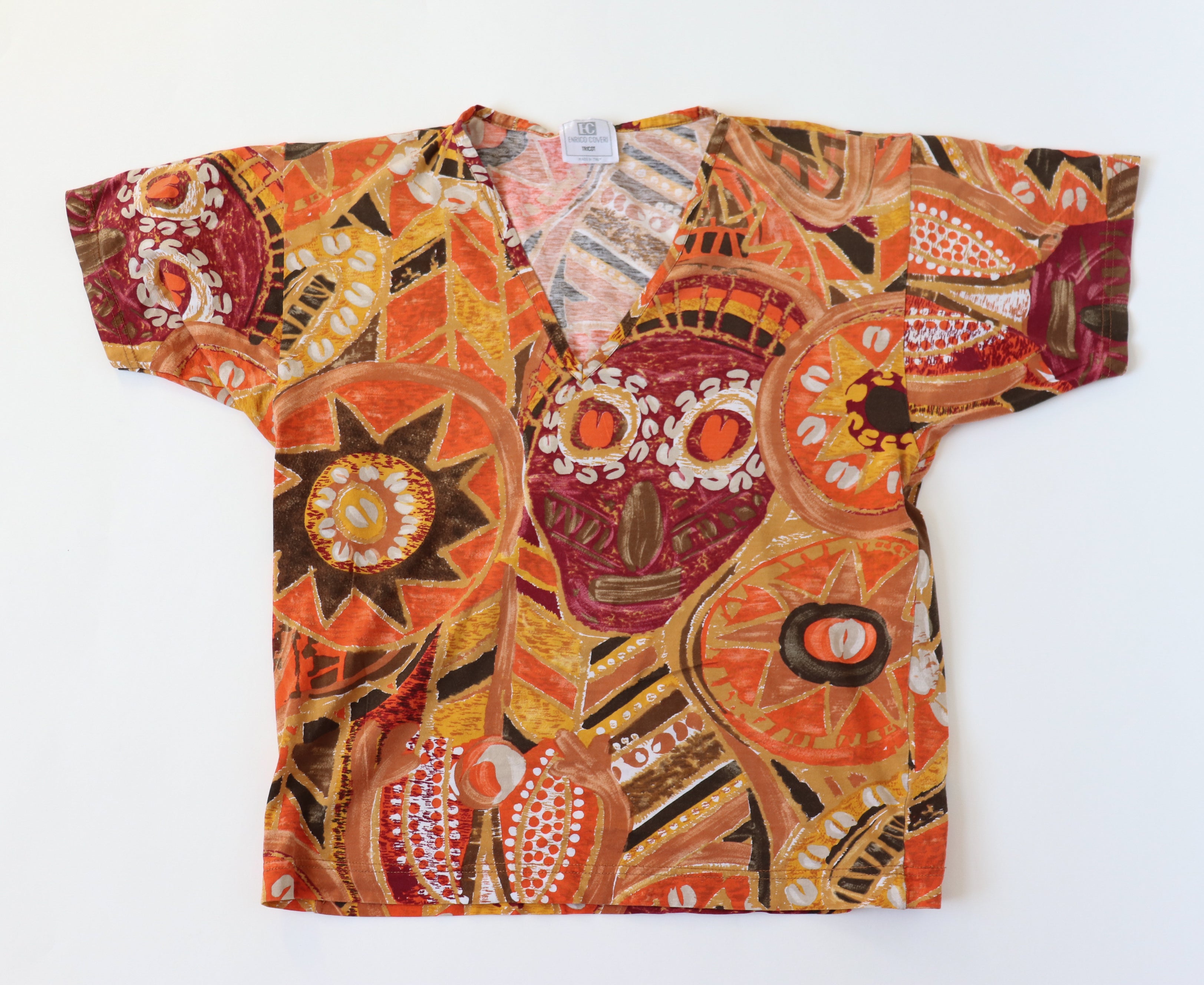 Enrico Coveri Vintage  T-Shirt - V-Neck - 1980s Orange Patterned - Womens - M / UK 12