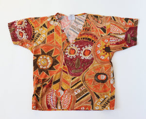 Enrico Coveri Vintage  T-Shirt - V-Neck - 1980s Orange Patterned - Womens - M / UK 12