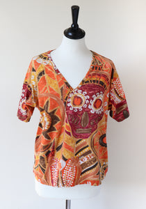 Enrico Coveri Vintage  T-Shirt - V-Neck - 1980s Orange Patterned - Womens - M / UK 12