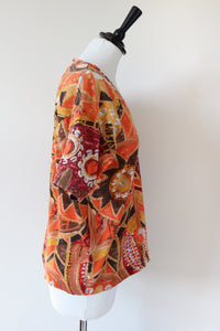 Enrico Coveri Vintage  T-Shirt - V-Neck - 1980s Orange Patterned - Womens - M / UK 12