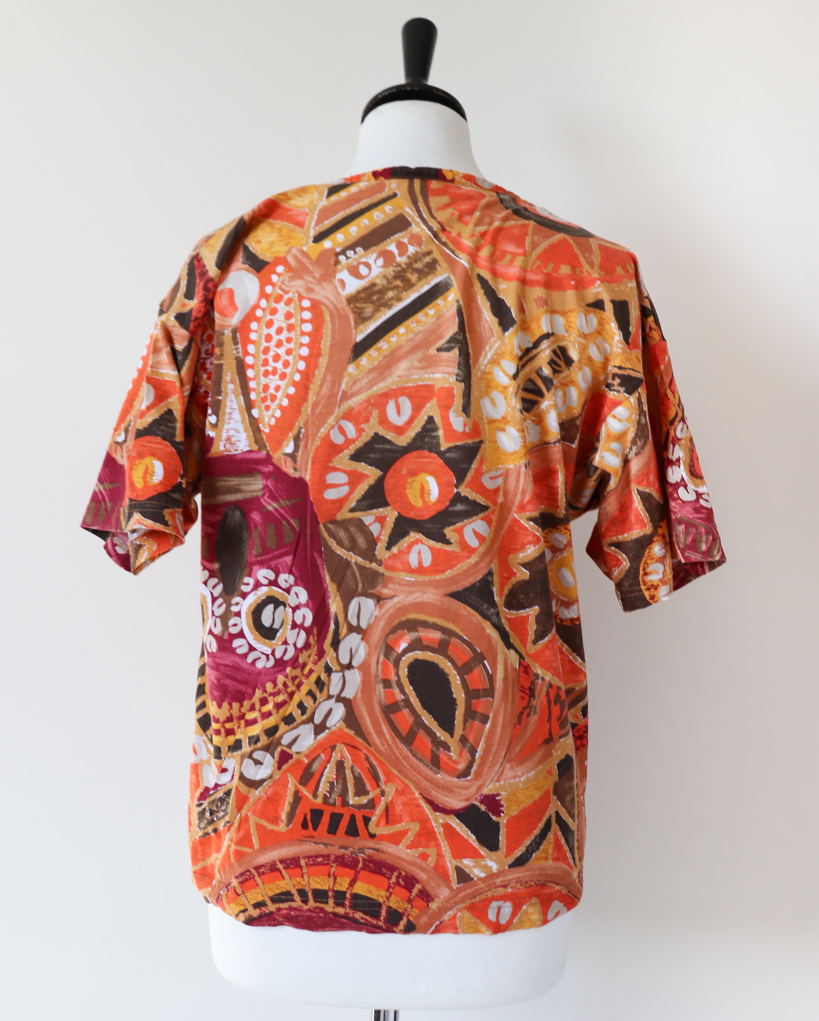 Enrico Coveri Vintage  T-Shirt - V-Neck - 1980s Orange Patterned - Womens - M / UK 12