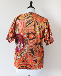 Enrico Coveri Vintage  T-Shirt - V-Neck - 1980s Orange Patterned - Womens - M / UK 12