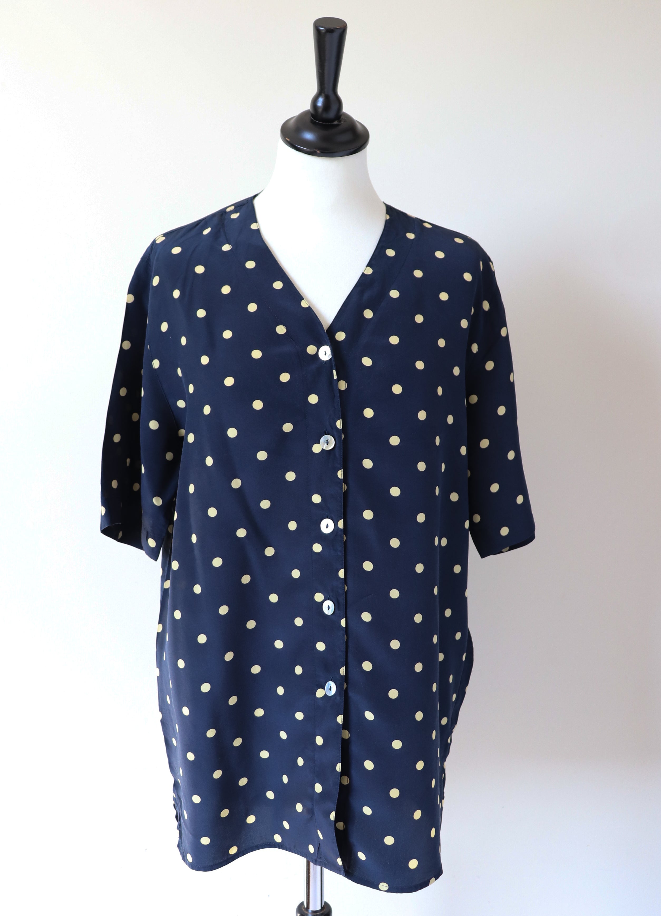 Silk Spotted Tunic Top - Short Sleeve Blouse - Fit M - UK 12