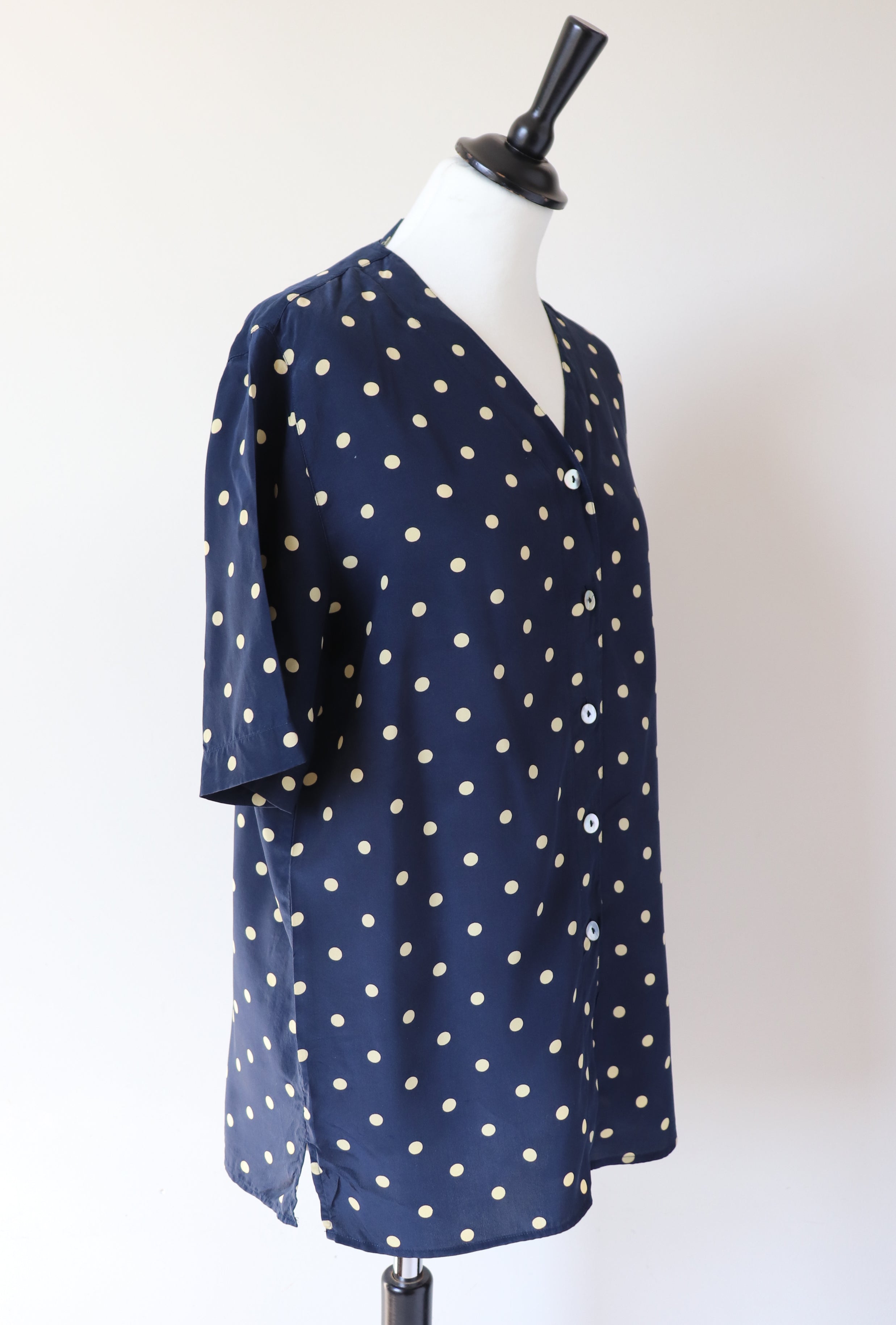 Silk Spotted Tunic Top - Short Sleeve Blouse - Fit M - UK 12