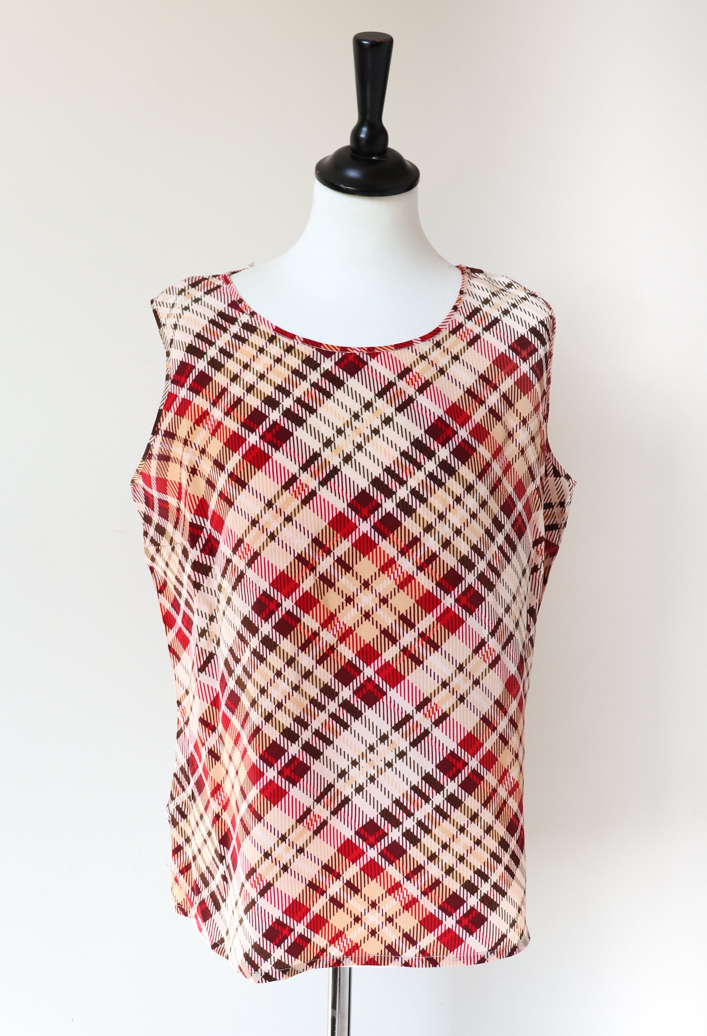 Silk Camisole Vest Top - Beige / Red  Plaid - L / UK 14