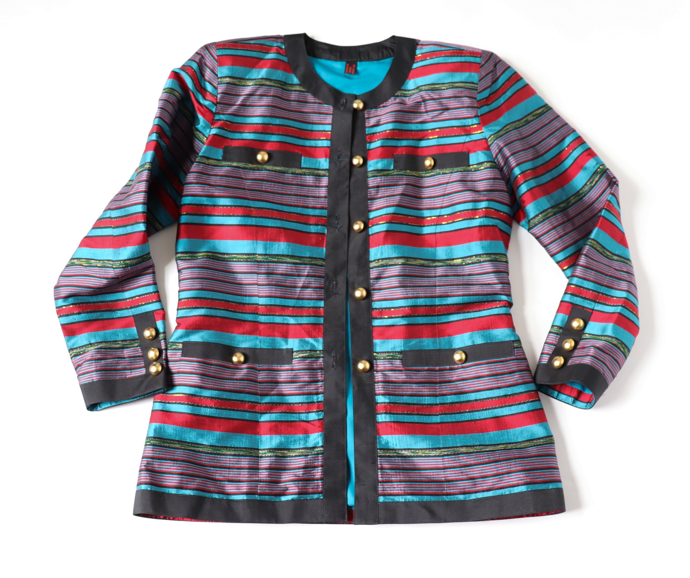 100% Silk Striped Evening Jacket  - Red / Turquoise Blue  M / UK 12