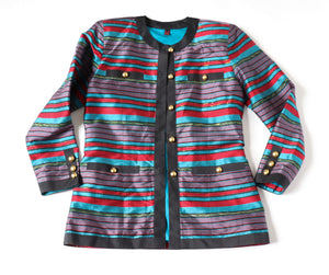 100% Silk Striped Evening Jacket  - Red / Turquoise Blue  M / UK 12