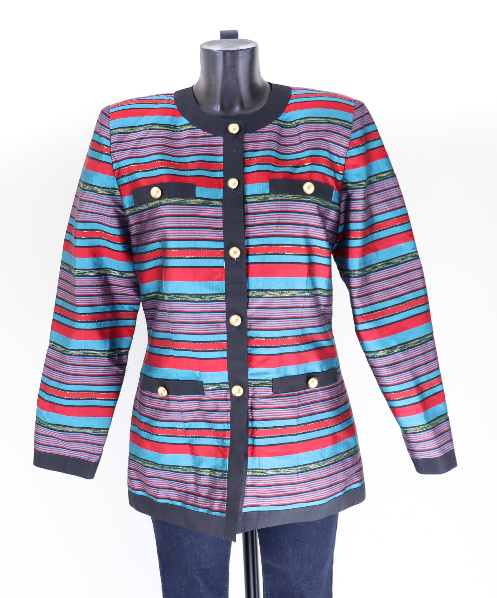 100% Silk Striped Evening Jacket  - Red / Turquoise Blue  M / UK 12