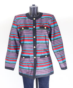 100% Silk Striped Evening Jacket  - Red / Turquoise Blue  M / UK 12