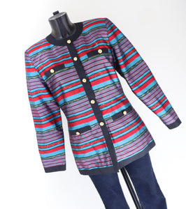 100% Silk Striped Evening Jacket  - Red / Turquoise Blue  M / UK 12
