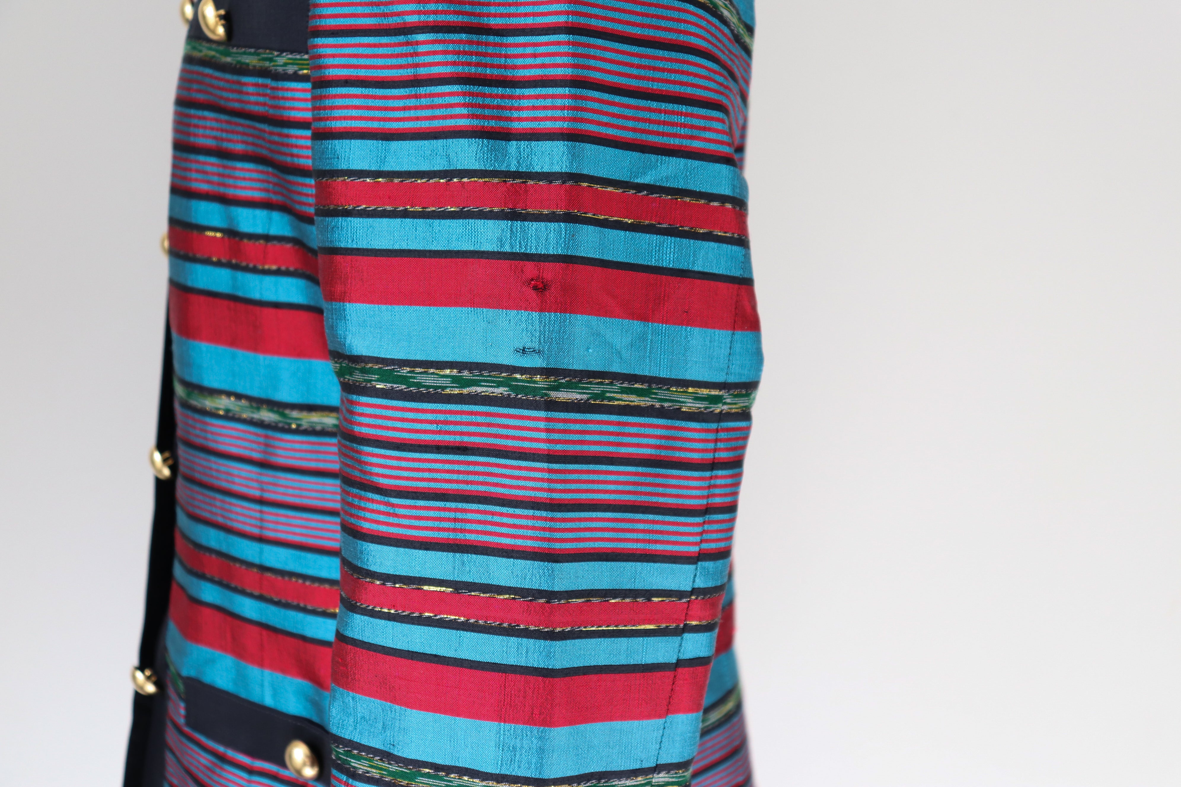 100% Silk Striped Evening Jacket  - Red / Turquoise Blue  M / UK 12
