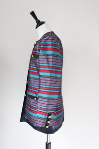 100% Silk Striped Evening Jacket  - Red / Turquoise Blue  M / UK 12