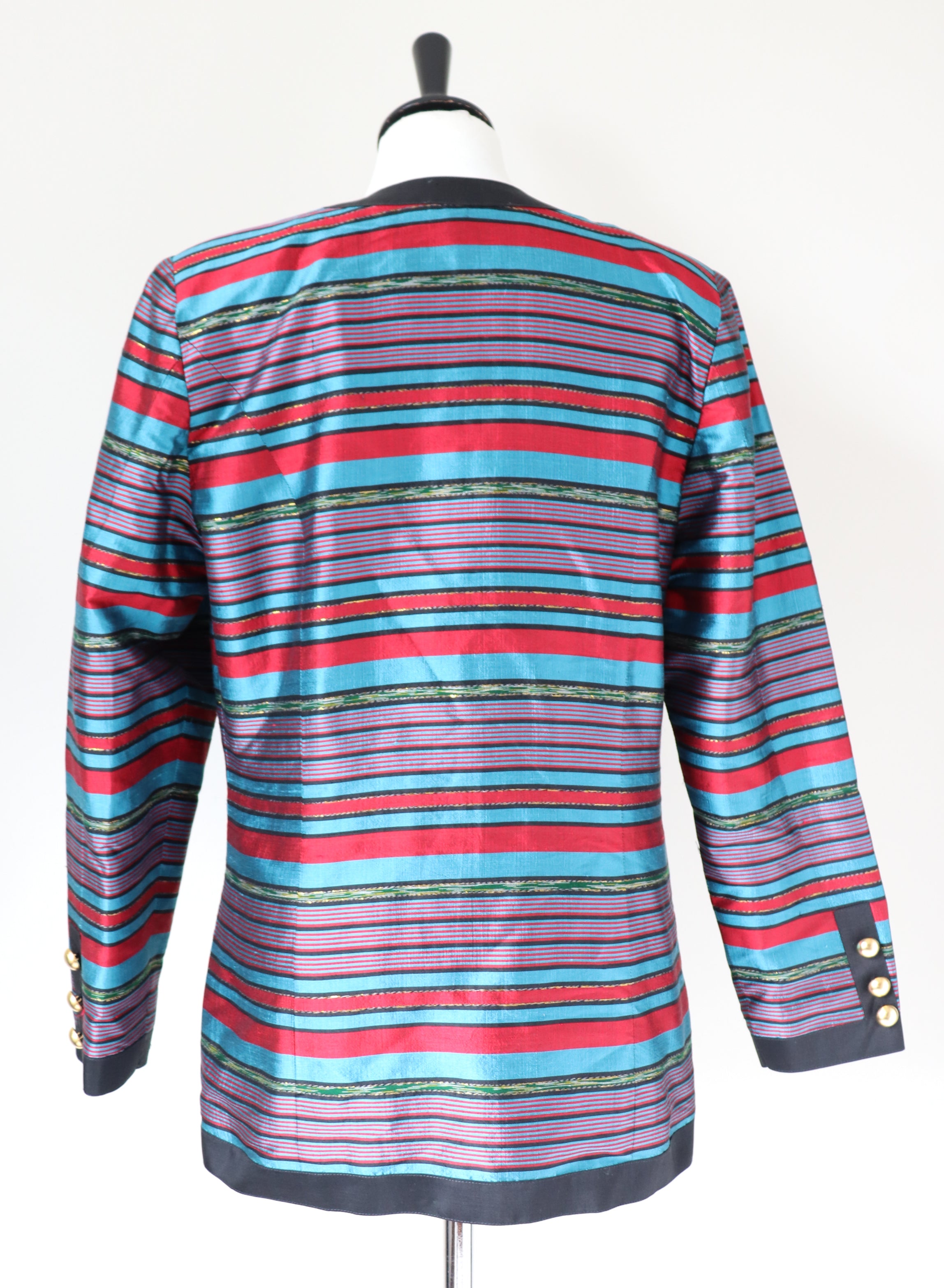 100% Silk Striped Evening Jacket  - Red / Turquoise Blue  M / UK 12