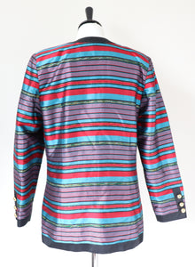 100% Silk Striped Evening Jacket  - Red / Turquoise Blue  M / UK 12