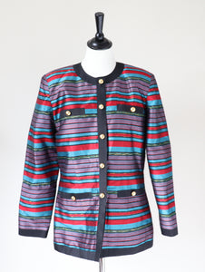100% Silk Striped Evening Jacket  - Red / Turquoise Blue  M / UK 12
