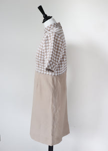 1960s Vintage Shift Dress - Cream / Beige Houndstooth Check - Empire Waist -  M / UK 12