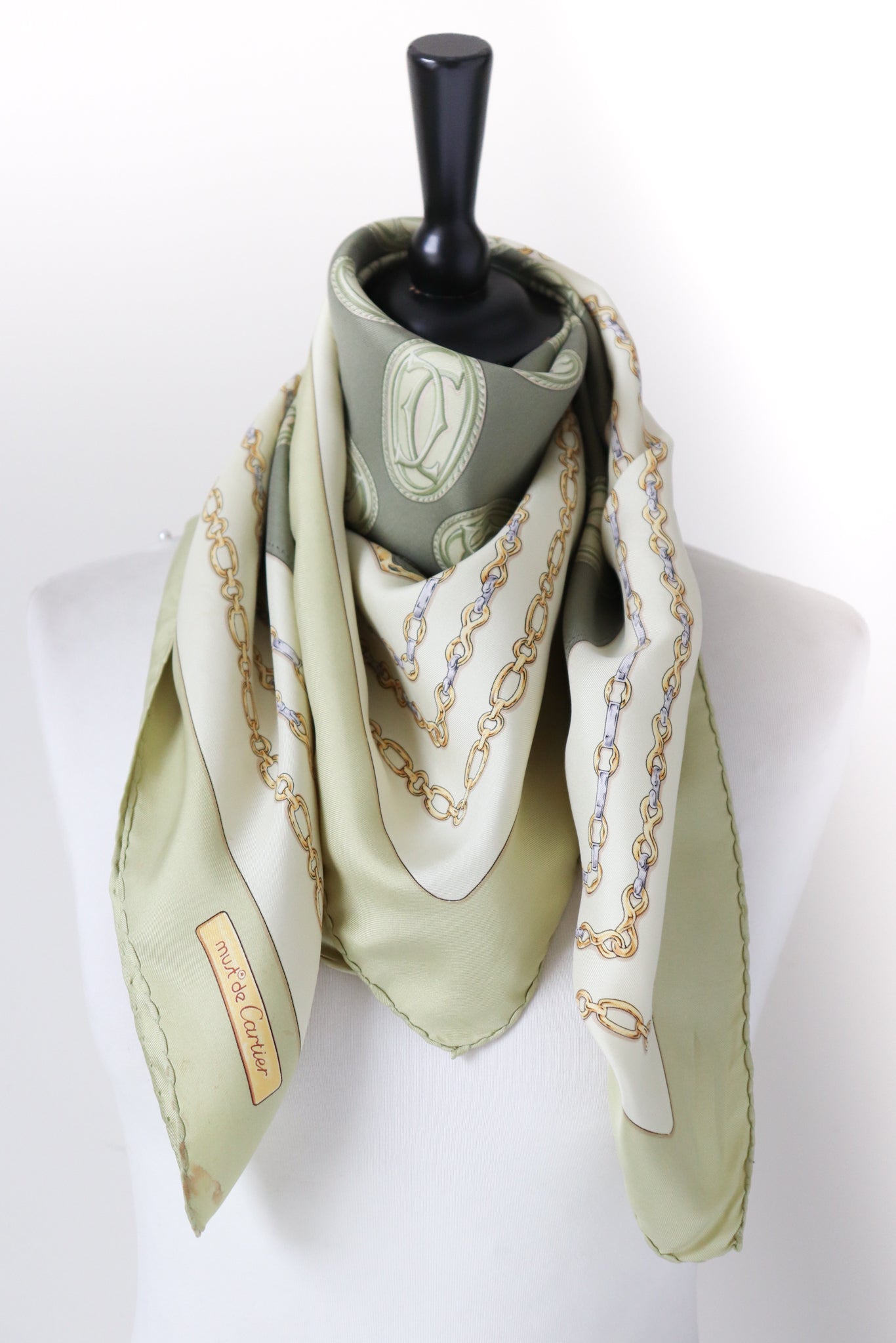 Must de Cartier Vintage Silk Scarf  - Green - Monogram Logo Print - LARGE