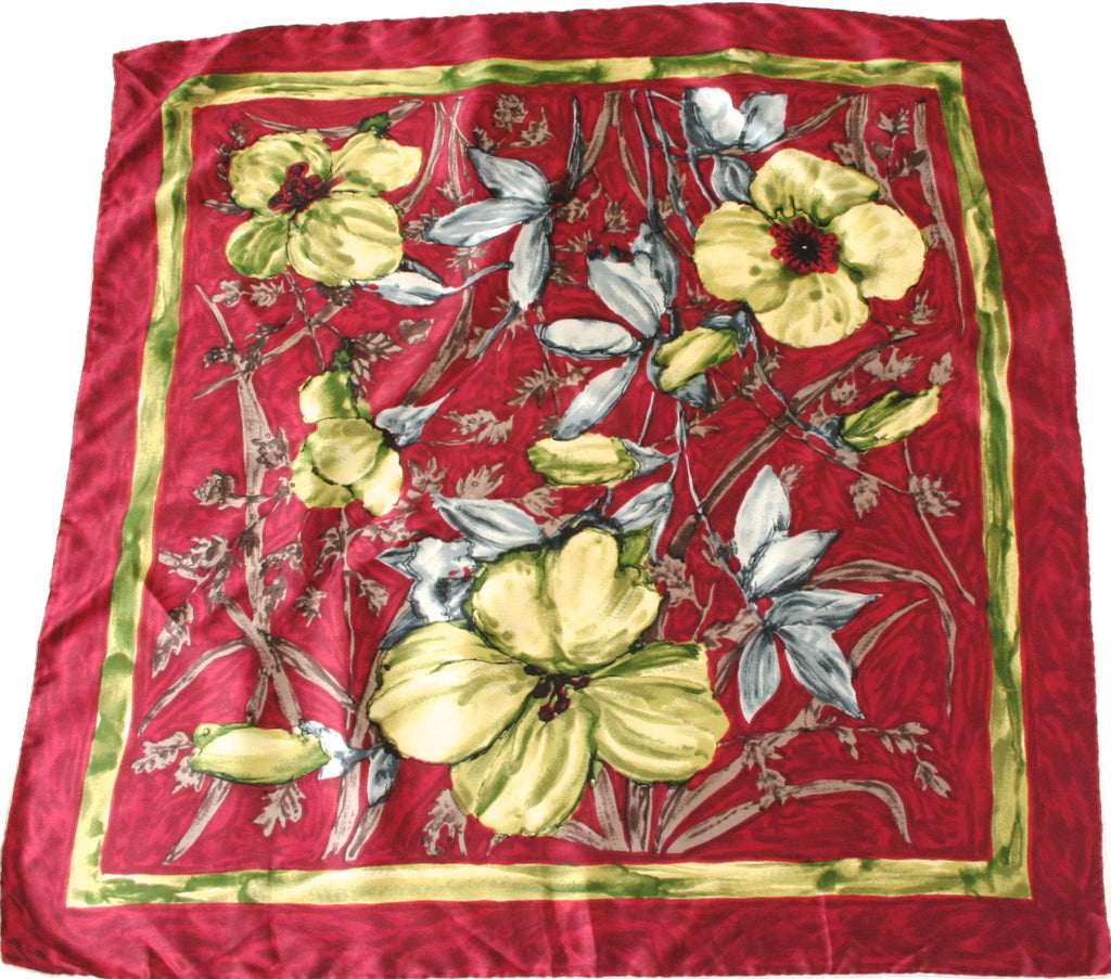 Vintage silk scarf - 50s  Deep red with yellow blooms