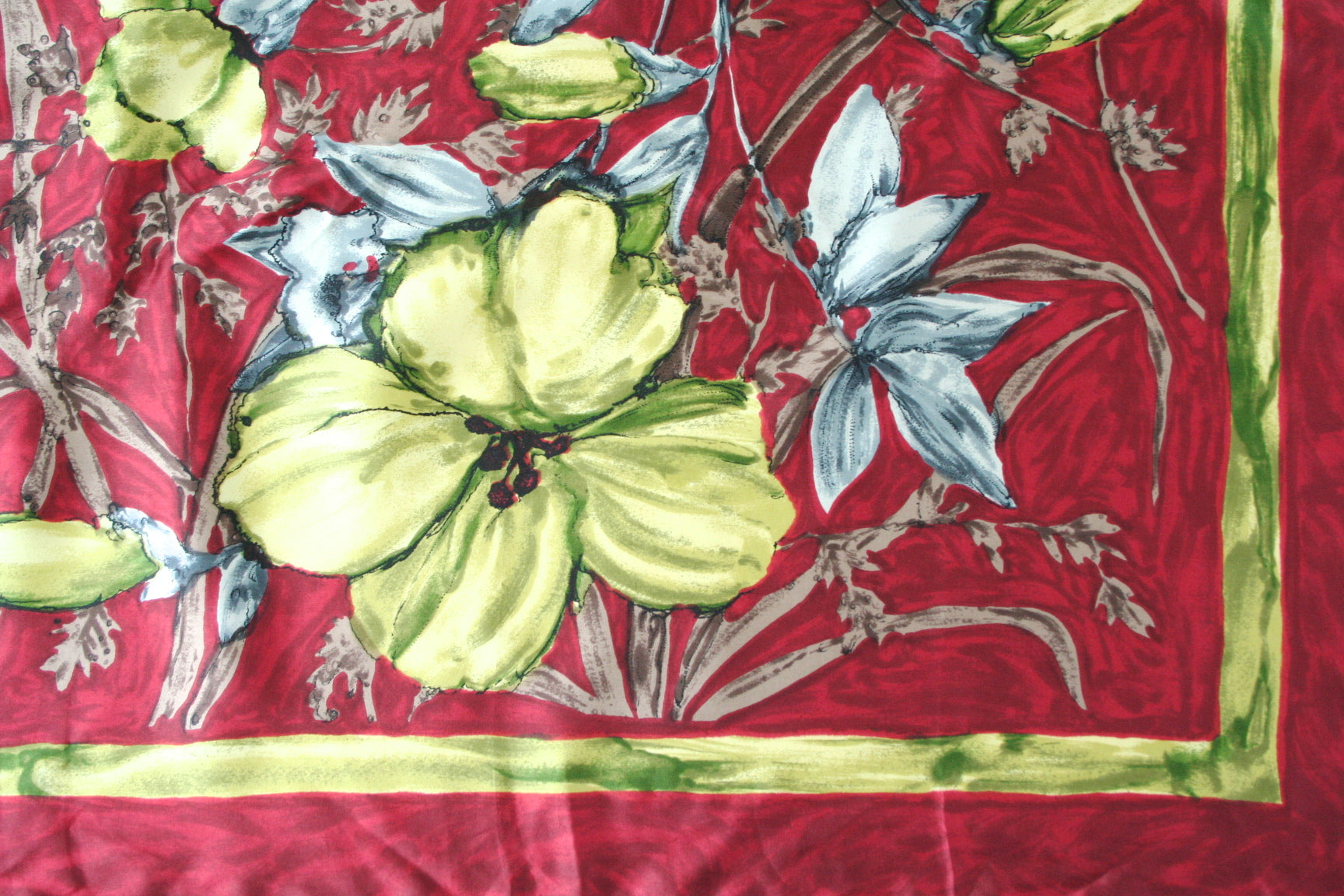 Vintage silk scarf - 50s  Deep red with yellow blooms