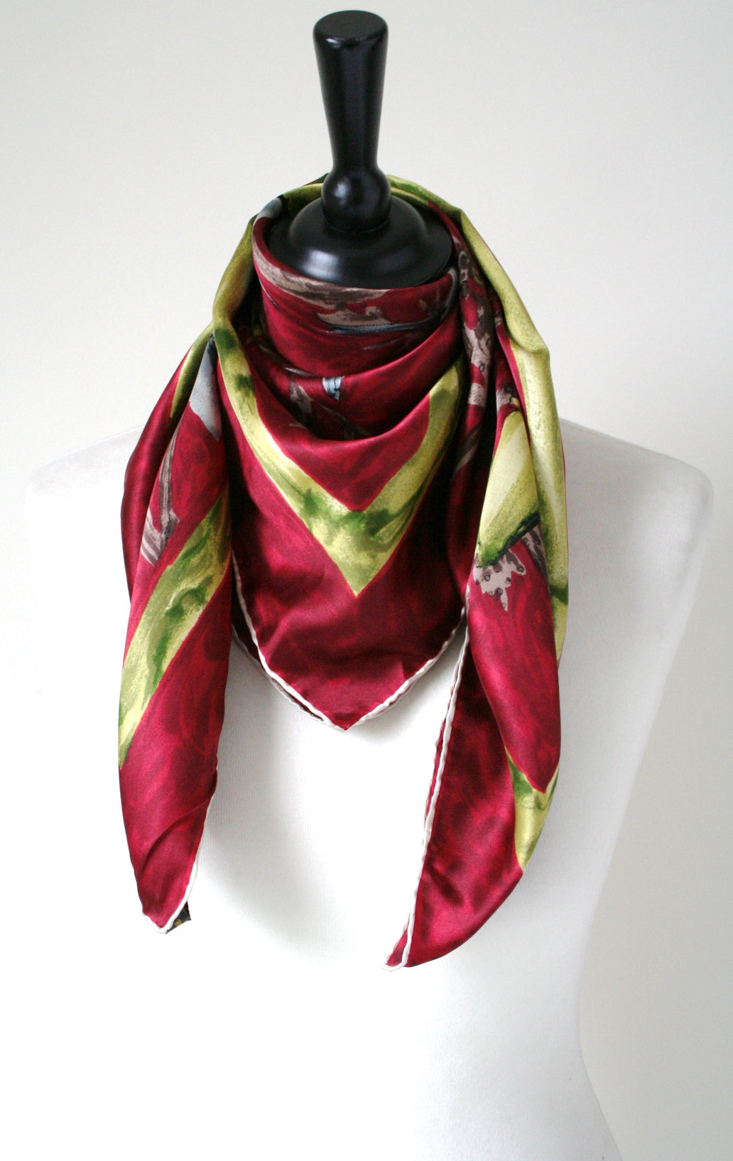 Vintage silk scarf - 50s deep red with yellow blooms - Medium