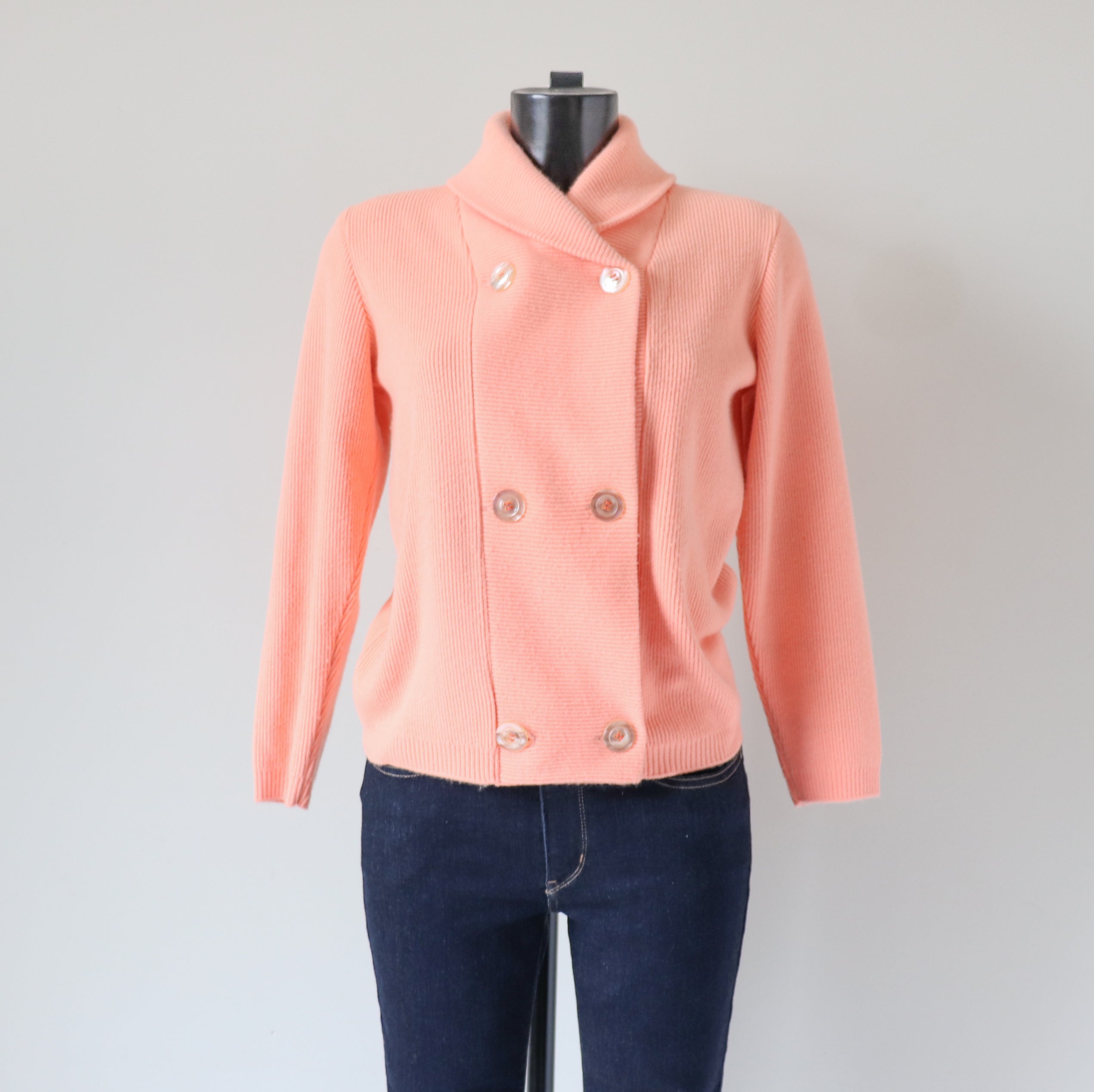 Double Breasted Cardigan Jacket - Peach Orange - Wool Blend  S - UK 8 / 10