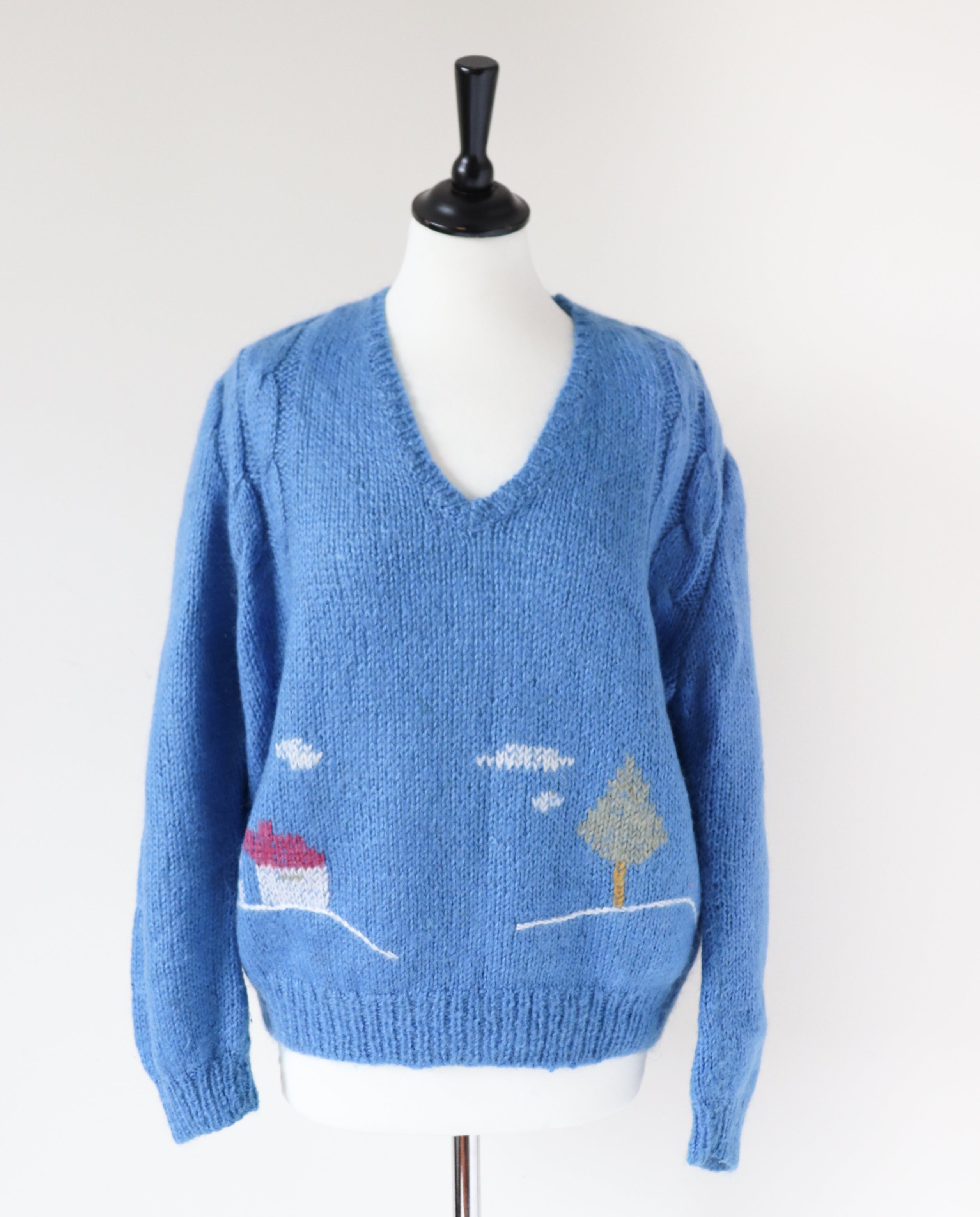 Blue Vintage V-Neck Landscape Jumper - Wool Blend - M / UK 12