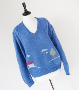 Blue Vintage V-Neck Landscape Jumper - Wool Blend - M / UK 12