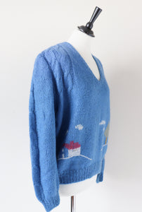 Blue Vintage V-Neck Landscape Jumper - Wool Blend - M / UK 12